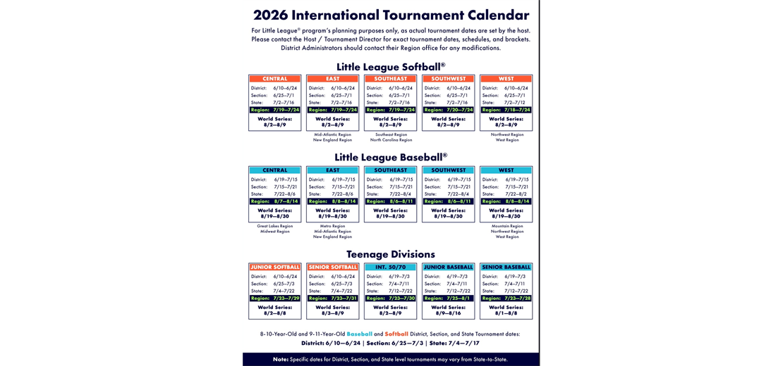 LL 2026 Tournament Calendar 